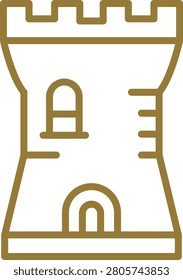 Flat illustration of a tan castle tower with battlements arched windows and simple medieval wall details