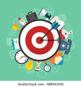 Flat illustration of targeting and time management with icons.