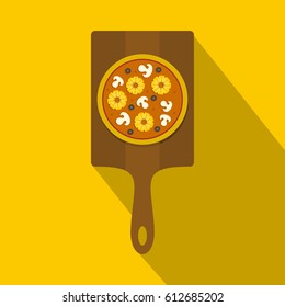 Flat illustration of tasty pizza with pineapple, mushrooms and olives on wooden board vector icon for web isolated on yellow background