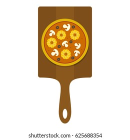 Flat illustration of tasty pizza with pineapple, mushrooms and olives on wooden board vector icon flat isolated on white background vector illustration