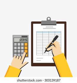Flat illustration of tax document, spreadsheet, budget planning, market analysis, financial accounting.
