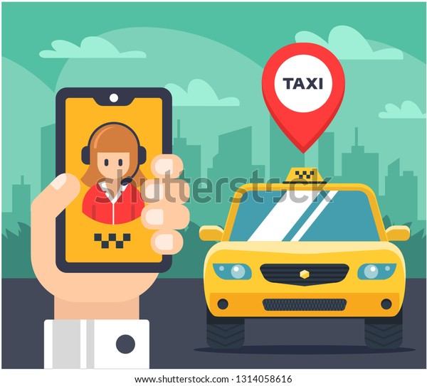 Flat\
illustration of a taxi order. car tagged. The hand holds the phone\
and speaks with the taxi operator.\
vector.