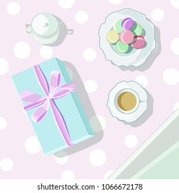 flat illustration, tea, gift, cake