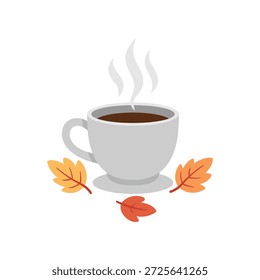 Ilustración plana de una taza de té rodeada de hojas de otoño 