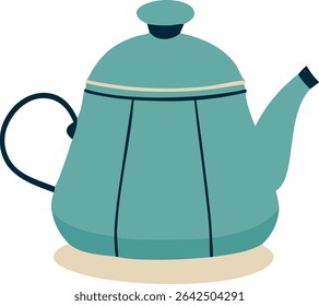 flat illustration of a teal tea kettle. Cute teal tea kettle illustration for a cozy kitchen scene.	