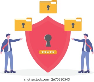 Flat illustration of team of analysts discussing data privacy with cybersecurity charts

