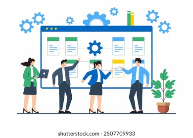 Flat illustration of team analyzing sprint backlog and assigning tasks for agile software development