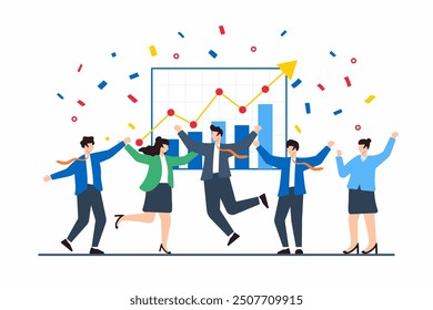 Flat illustration of team celebrating business growth milestone with confetti and chart