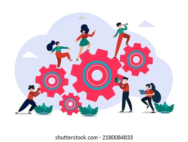 Flat illustration. Team collaboration concept. Reporting, charts, development, analysis, workflow, management, marketing of business people.