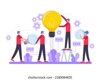 Ilustración plana. Concepto de colaboración en equipo, pensamiento creativo, informes, gráfico, desarrollo, análisis, flujo de trabajo, gestión, marketing de hombres de negocios.