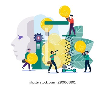 Flache Illustration. Konzept der Teamzusammenarbeit, kreatives Denken, Reporting, Diagramm, Entwicklung, Analyse, Workflow, Management, Business-Man-Marketing.