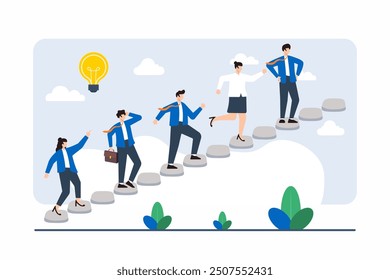 Flat illustration of team constructing path with stepping stones, symbolizing gradual progress