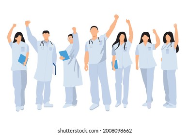 Flat illustration. A team of doctors on each page working as a team to treat people infected with COVID-19. in the hospital for the most effective treatment