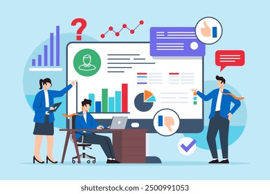 Flat illustration of team evaluating survey data to solve customer service issues on computer screen