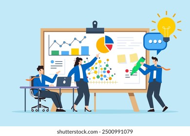 Flat illustration of team of experts brainstorming ideas with data charts on whiteboard