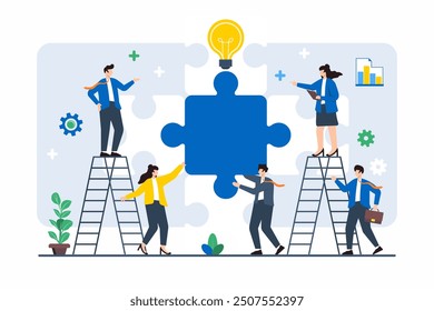 Flat illustration of team guiding large puzzle piece into place, symbolizing completing business strategy