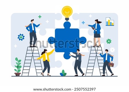 Flat illustration of team guiding large puzzle piece into place, symbolizing completing business strategy
