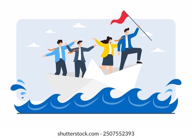 Flat illustration of team guiding paper boat through turbulent waters, symbolizing crisis management