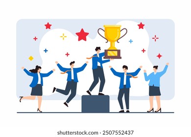 Flat illustration of team holding up trophy, representing achieving business success