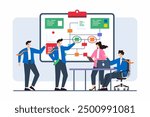 Flat illustration of team members addressing issues with strategic problem-solving on whiteboard