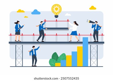 Ilustración plana de los miembros del equipo construyendo un puente para conectar dos objetivos comerciales