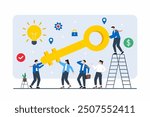 Flat illustration of team members with giant key to unlock business potential