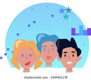 Flat illustration with team players (girl and boys) and representation statistical data to measure performance: graph and charts