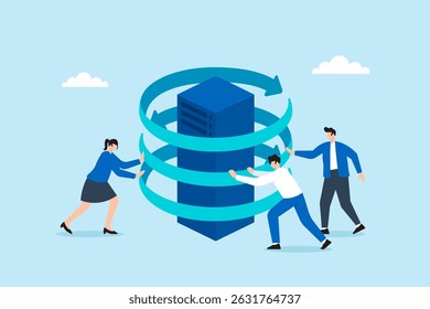 Flat illustration of team rotating security rings around server to form digital shield for cybersecurity defense