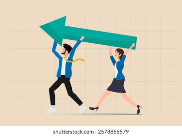 Flat illustration Team success and improvement,  businessman and woman teamwork help carry big growth rising up arrow graph, sharing same business goal and direction, support and partnership