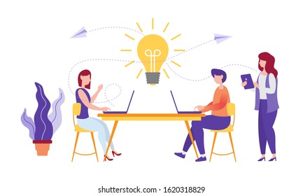 Flat Illustration of team work discuss on finding new ideas, search for new solutions, creative work