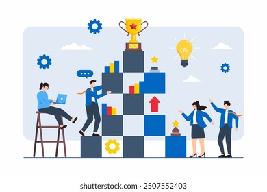 Flat illustration of team working together to build pyramid of success with blocks