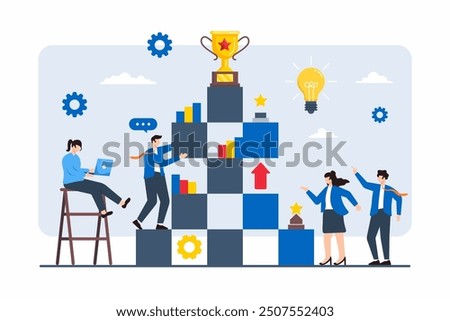 Flat illustration of team working together to build pyramid of success with blocks