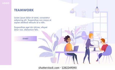 Flat Illustration Teamwork Group People in Office. Horizontal Banner Vector Young Girl Sitting at Table Using Laptop for Work. Two Guy are Studying Graph an Economic Indicator on Computer Monitor.