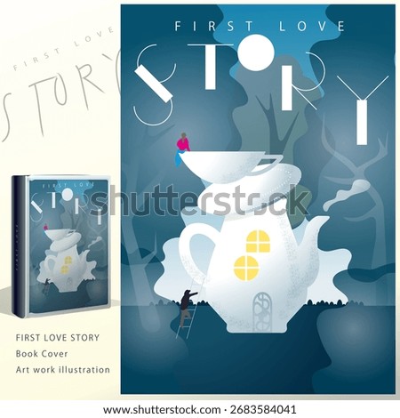 flat illustration of a teapot-shaped house with a man and woman passing by. Conceptual vector art, ideal for novel book cover design, publishing projects, or editorial use.1
