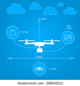 Flat illustration for technical characteristics. Inforaphic with white silhouette quadrocopter and technical characteristics. Flat vector illustration on blue background.