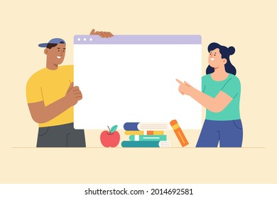 Flat illustration of teen students holding a browser window with blank space. Concept of online course or e learning.