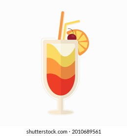 A flat illustration of the tequila sunrise cocktail, a bright mix of tequila, orange juice and grenadine in a glass glass with a piece of orange, a cherry and a straw. For menus, food, parties