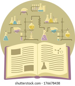 Flat illustration of a textbook on the background of chemical equipment
