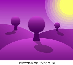 flat illustration with the theme of nature depicted in a simple purple monocrom color