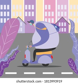 The flat illustration. there is person that is working by his motorcycle. this man has a big body and riding a scooter which not proportional with his wight, but that is theme of this illstrtion