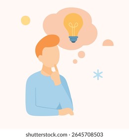 Flat Illustration Thinking Man with Idea Bulb in Thought Bubble Graphic