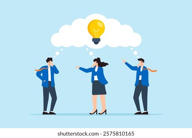 Flat illustration of thoughtful business people brainstorm with identical thinking bubble and lightbulb symbolizing shared ideas for planning success