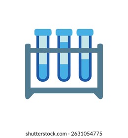 Flat illustration of three blue liquid-filled test tubes in a rack over a White Background.