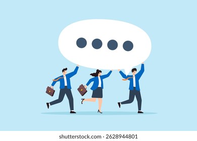Ilustração plana de três pessoas de negócios que carregam grande bate-papo bolha grupo de trabalho discussão comunicação social feedback e diálogo colaborativo