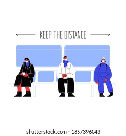 Flat illustration of three characters seating on public transport covering faces with masks staying away from each other. The lettering Keep the distance