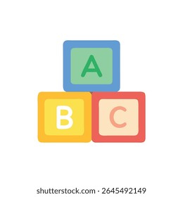 Uma ilustração plana de três blocos coloridos ABC empilhados. Blocos azuis, amarelos e vermelhos criam uma ferramenta educacional simples e divertida.