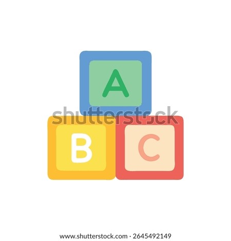 A flat illustration of three colorful ABC blocks stacked. Blue, yellow and red blocks create a simple, fun educational tool.