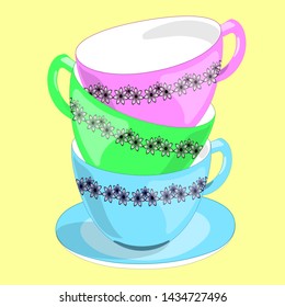 Flat illustration of Three colorful cups. Dishes for tea and coffee. Isolated, yellow background. Vector