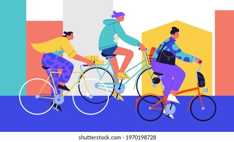 Flat illustration of three girls wearing casual clothes riding different kinds of bicycles on the street of a city