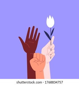 Flache Illustration von drei Händen unterschiedlicher Hautfarbe zusammen. Einheitskonzept